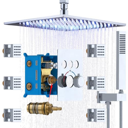 Enga Thermostatic Rain Shower System with Body Jets Push Button Diverter 12 Inch LED Rain Shower Ceiling Mounted Chrome Shower Faucet Set Can Use All Options at A Time - color: Chrome, style: Ceiling Mount-6 Jets