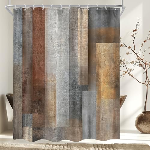Abstract Brown Grey Vintage Farmhouse Painting Bathroom Shower Curtain Set | 60"W x 72"H Watercolor Orange; waterproof HD print, quick-dry fabric and plastic hooks for easy setup. - color: A-brown, size: 60"W x 72"L (Pack of 1)