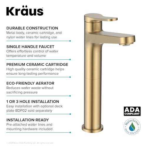 KRAUS Indy Bathroom Faucet for Vessel Sink in Spot-Free Brushed Brass with Single Handle, Pop Up Drain and Supply Lines, KVF-1410SFBB - color: Spot Free Brushed Brass, style: Vessel