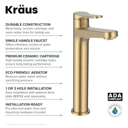 KRAUS Indy Bathroom Faucet for Vessel Sink in Spot-Free Brushed Brass with Single Handle, Pop Up Drain and Supply Lines, KVF-1410SFBB - color: Spot Free Brushed Brass, style: Vessel