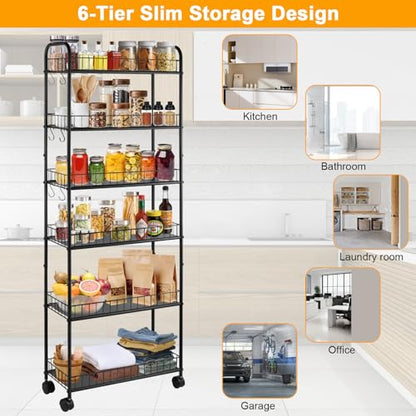 6-Tier Slim Rolling Storage Cart with Wheels Storage Carts Metal Utility Organizer, Narrow Mobile Shelving Unit for Kitchen, Bathroom, Laundry, Office (10in)