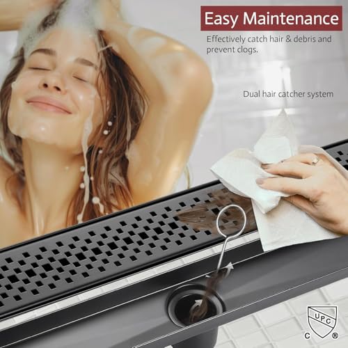 Linear Shower Drain, 32 inch Matte Black | Including Hair Catcher and Removable Grate, 304 Stainless Steel, Easy to Install and Clean (Drain Base Not Included) - color: Matte Black, size: 32 inch