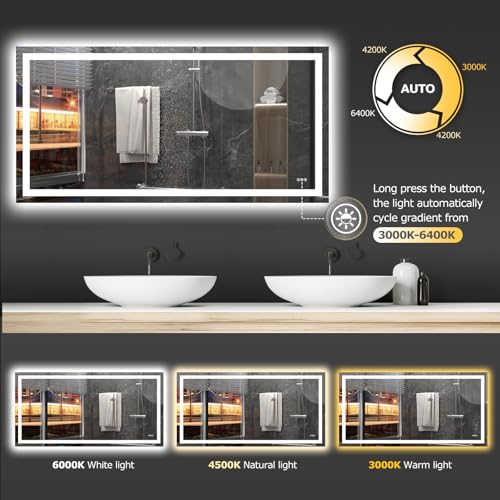 Hivone 72"X36" LED Bathroom Mirror with Lights, Anti-Fog, Dimmable, Backlit + Front Lit, Smart Bathroom Vanity Mirror, Memory Function, Shatterproof, Tempered Glass (Horizontal/Vertical) - size: 72"L x 36"W