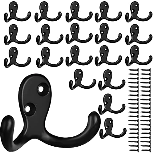 IBosins 20 Pack Black Double Prong Coat Hooks Wall Mounted with 40 Screws | Heavy Duty Retro Double Utility Hooks for Coat, Scarf, Bag, Towel, Key, Cap, Cup, Hat - color: 20 Pcs Black