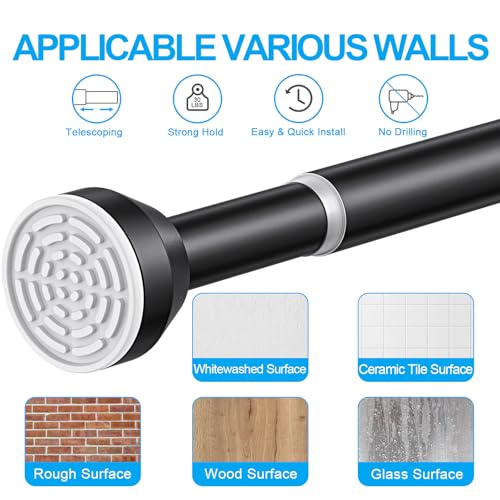 TEECK Shower Curtain Rod, 32-79 inch Adjustable Tension Spring, 1 Inch Shower Curtain Rod Tension, Anti-Slip, Rust-Proof, No Drilling, for Bathroom, Black - color: Black, size: 32-79 Inches