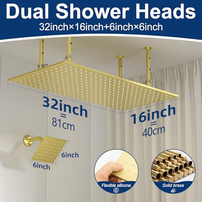 Dual Shower Heads System 16"x32" Ceiling Mount Rainfall and 6" Wall Mounted Shower Heads with 6 body Jets Thermostatic Shower Valve Full Body Shower System,Brushed Gold - color: Brushed Gold