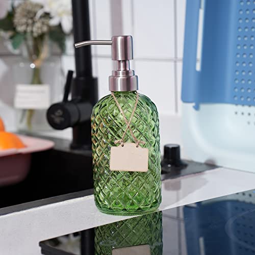 16 oz Diamond Pattern Glass Soap Dispenser, Kitchen and Bathroom Refillable Soap Dispenser with Rust Resistant Stainless Steel Pump for Hand Soap, Lotion Glass Liquid Dispenser(Green-2pack) - color: Green-2pack