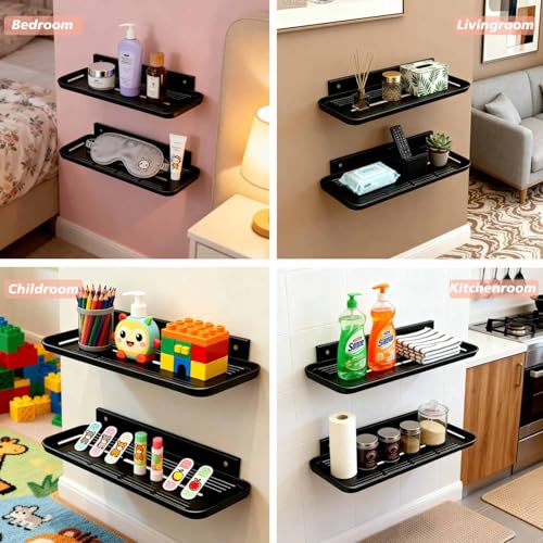 Wall Mounted Floating Shelf, Self Adhesive Shelf, No Drill Adhesive Wall Shelf, Floating Shelves Damage-Free Expand Walls Space for Living Room Kitchen Bathroom (2, Black) - color: Black