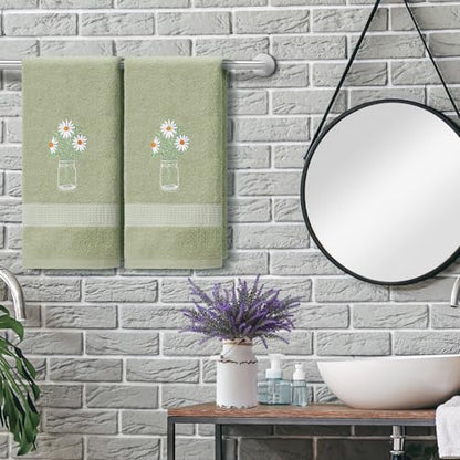 SmoothNovelty 2 Pcs Daisy Flower Hand Towels Gray Green Bathroom Decor 14x29 Inch Embroidered 100% Cotton Soft Absorbent Spring Summer Decorative Hand Towels for Bathroom Kitchen - style: Daisy