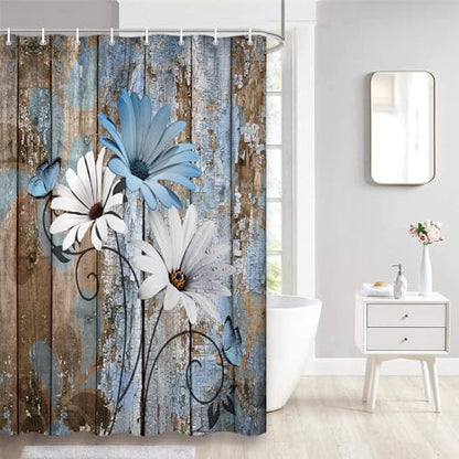JAWO Farmhouse Flower Floral Shower Curtain, Rustic Blue Daisy Shower Curtain Set, Country Blue Wild Garden Plant Fabric Shower Curtain with Hooks, Brown Wooden Board Bathroom Curtain, 47x64inch - color: Daisy-blue, size: 47"W x 64"L (Pack of 1)