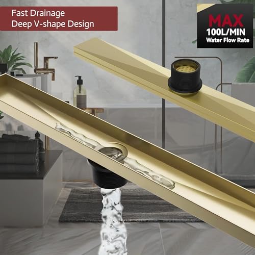 Linear Shower Drain, 28 inch Brushed Gold | Including Hair Catcher and Removable Grate, 304 Stainless Steel, Easy to Install and Clean (Drain Base Not Included) - color: Brushed Gold, size: 28 inch