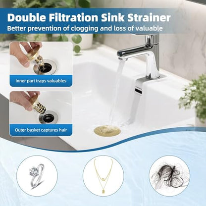 2-Pack Universal Bathroom Sink Drain Stopper, 4-in-1, Brushed Gold | Hair Catcher Pop-Up Sink Strainer Stopper with 2-Layer Removable Stainless Steel Basket, Drain Plug for 1.1"-2.36" US Basin - color: Brushed Gold Finished