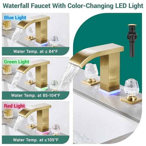Brushed Gold Bathroom Faucet 3 Hole Widespread Waterfall Vanity Faucet for Bathroom Sink, Modern Touch on Two Handle Gold Faucet (Brushed Gold) - color: Brushed gold