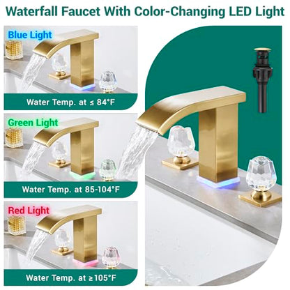 Brushed Gold Bathroom Faucet 3 Hole Widespread Waterfall Vanity Faucet for Bathroom Sink, Modern Touch on Two Handle Gold Faucet (Brushed Gold) - color: Brushed gold