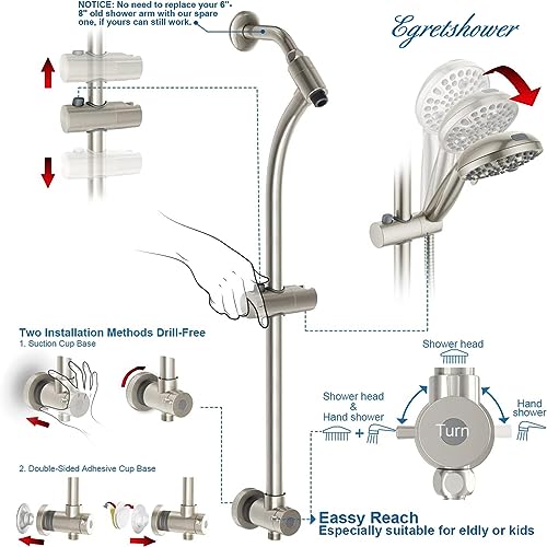 High Pressure Handheld/Rain 82-mode 3-way Shower Head Combo with 25.75" Adjustable Drill-free Stainless Steel Slide Bar, Pet & Tub Power Wash and Anti-clog Nozzles, with 5ft Hose - Brush Nickel - color: Brush Nickel