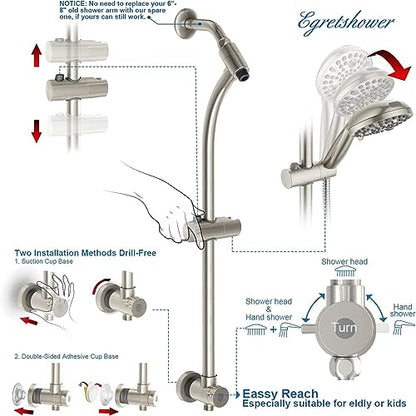 High Pressure Handheld/Rain 82-mode 3-way Shower Head Combo with 25.75" Adjustable Drill-free Stainless Steel Slide Bar, Pet & Tub Power Wash and Anti-clog Nozzles, with 5ft Hose - Brush Nickel - color: Brush Nickel