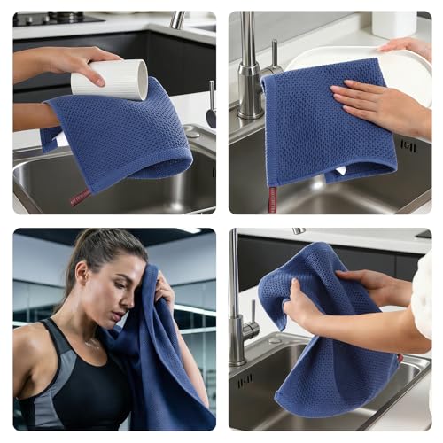 REDKISS Quick Dry Waffle Towel Set of 8, 100% Cotton,Lightweight & Highly Absorbent Waffle Towels for Bathroom, Spa, Gym, Pool-2 Bath Towels, 2 Hand Towels & 4 Washcloths,Blue - color: Blue