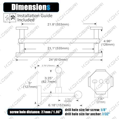 KOKOSIRI Bath Towel Holders Brushed Nickel Bathroom Rack 24-Inch Double Towel Bars Rails for Garage Kitchen Stainless Steel B5009BR-L24 - color: Brushed Nickel, size: 24-Inch