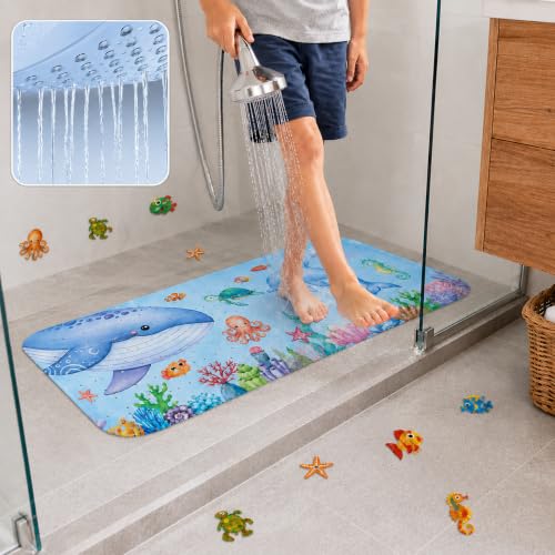 Cinrobiye Bath Mat for Tub Non Slip, 40 x 16 Inch Sea Animals Cartoon Bathtub Shower Mat with Suction Cups and Drain Holes, Waterproof Machine Washable Bathroom Mat - color: Blue