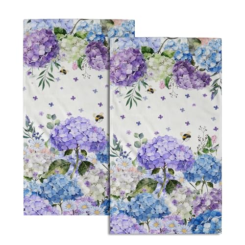 Giwawa Hydrangea Flowers Towel Set of 2 Blue Purple Watercolor Spring Summer Floral Bees Decorative Hand Towels Soft Microfiber Seasonal Face Towel Washcloth for Bathroom Guest Gym Spa Hotel - color: Hydrangea