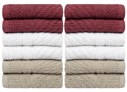 PH Pleasant Home Diagonal Wash Cloths Set - 12 Pack (12” x 12”) – 509 GSM - 100% Ring Spun Cotton Wash Cloth - Super Soft and Highly Absorbent Face Towels (Maroon, White & Tan) - color: Maroon, White & Tan, style: Diagonal