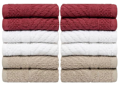 PH Pleasant Home Diagonal Wash Cloths Set - 12 Pack (12” x 12”) – 509 GSM - 100% Ring Spun Cotton Wash Cloth - Super Soft and Highly Absorbent Face Towels (Maroon, White & Tan) - color: Maroon, White & Tan, style: Diagonal