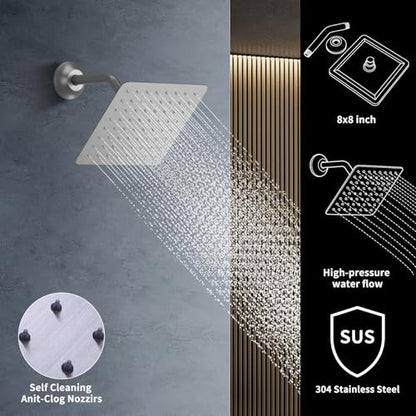 Shower Faucet Set Ceiling 20x14 inch LED Shower Head, Temperature Display Thermostatic Shower Valve, and Two 8-inch Wall Mounted Shower Heads Handheld Combination (Brushed Nickel) - color: Brushed Nickel