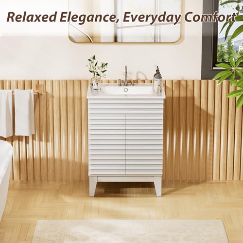 APRILSOUL 24" Bathroom Vanity with Ceramic Sink, Mid-Century Bathroom Vanity Cabinet with 2 Soft Closing Doors, Freestanding Bathroom Cabinet, Particleboard Frame with Wood Grain Laminate, White - color: White/ White Sink, size: 24 Inch