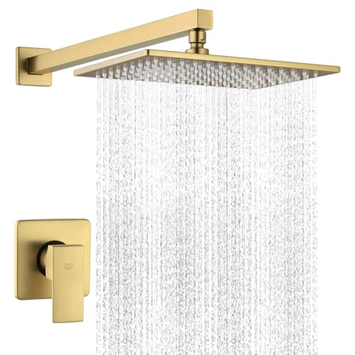 Shower Faucet Set Brushed Gold Bathroom Rainfall 12 Inch Shower Head and Handle Set Wall Mounted Shower System Single Function Shower Fixture, Include Shower Valve and Trim Kit - color: Brushed Gold, size: 12 Inch (Wall Mount)