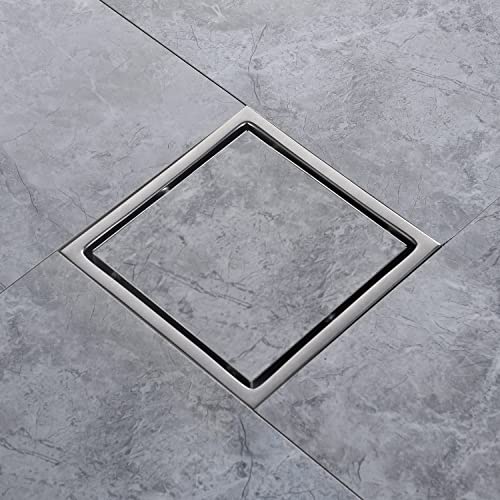 6 Inch Shower Drain Square Brushed Nickel，with Adjustable Drain Flange Kit Base PVC, Removable Grid Strainer Cover and Invisible Floor Insert, SUS304 Stainless Steel - color: Brushed Nickel