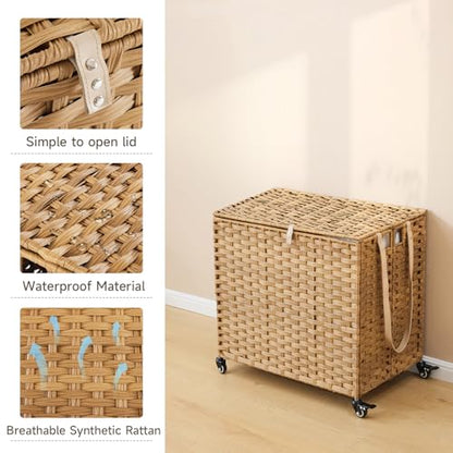 Laundry Hamper with Wheels, 34.3 Gallon(130L) Rolling Laundry Basket with Lid, Removable Large 2 Color Liners & 3 Mesh Laundry Bags, Clothes Hamper with Side Pocket, Natural - color: Natural, size: 23.62"L x 15.75"W x 21.65"H