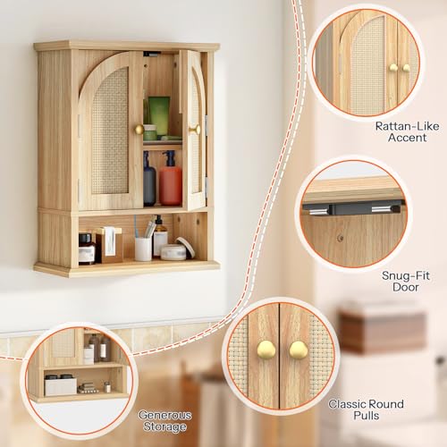 HOOBRO Arched Rattan Wall Cabinet for Bathroom, Over Toilet Storage Cabinet with Doors and Open Shelf, Farmhouse Medicine Cabinet with Adjustable Shelf for Bathroom Kitchen, Natural