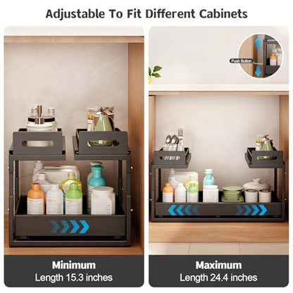 Expandable under cabinet organizer, 2-Tier under sink organizer with Reinforced Ball-Bearing slide rail, Slide-Out sink Shelf Height Adjustable, Durable and rust-proof for Kitchen & Bathroom