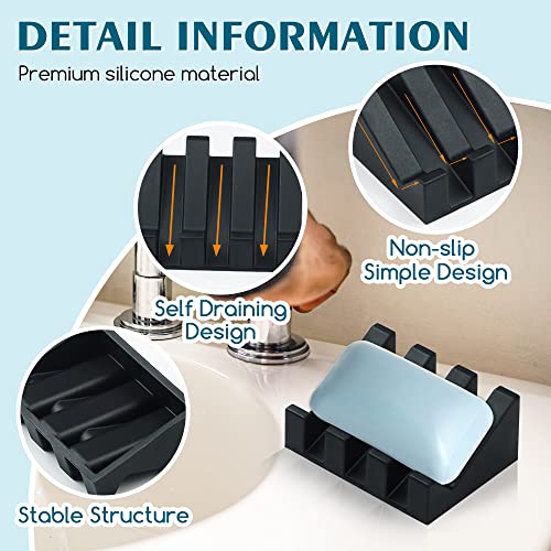 Self Draining Silicone Soap Dish Holder Waterfall Tray, 2 Pack Black | Waterfall design drains fast to keep soap dry, non-slip silicone base anti slide, soap saver for bathroom & kitchen - color: Black, size: 2