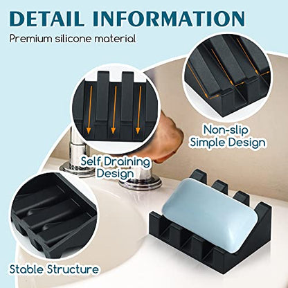 Self Draining Silicone Soap Dish Holder Waterfall Tray, 2 Pack Black | Waterfall design drains fast to keep soap dry, non-slip silicone base anti slide, soap saver for bathroom & kitchen - color: Black, size: 2