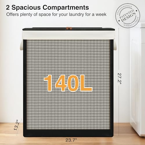 STO STO Double Laundry Hamper with Lid, 140L Large 2 Section Laundry Sorter, Laundry Basket with Removable Washable Canvas Liner Bag, Breathable Clothes Hamper for Bedroom Bathroom Laundry Room Closet - size: 2-Section