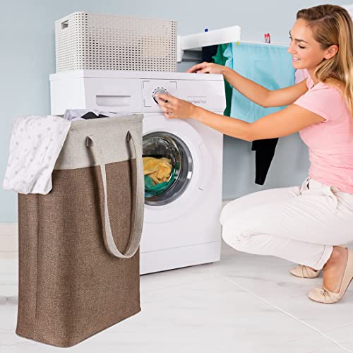 Laundry Basket with Handles Beige&Brown Slim Laundry Bin Collapsible Dirty Clothes Basket Narrow Laundry Bag Foldable Dirty Hamper for Camping, Dorms, Apartments - color: Beig&Brown