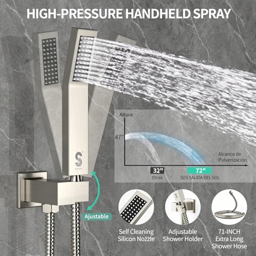 SR SUN RISE 8 Inch All Metal Square Shower System with Tub Spout, Tub Shower Faucet Set, High Pressure Rain Shower Head and Handheld Sprayer Shower Fixtues, Valve Included, Brushed Nickel - color: Brushed Nickel, size: 8 Inch