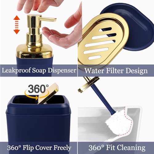 XLHOMO Bathroom Set - Navy Blue Bathroom Sets with Shower Curtain and Rugs, 24PCS Shower Curtain Set with Hooks, Soap Dispenser, Soap Dish, Toilet Brush Holder and Trash Can for Housewarming - color: Navy Blue and Gold, size: Bathroom Set+Shower Curtain+B
