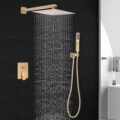 Brushed Gold Square Rainfall Shower Head Set with Handheld, 10" | Wall Mounted Bathroom Shower Faucet, 10 Inch Square Head, With Shower Valve, Rustproof Brushed Gold, High Pressure Raindrop - color: Brushed Gold, style: 2 Setting-10in
