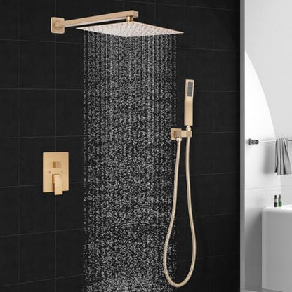 Brushed Gold Square Rainfall Shower Head Set with Handheld, 10" | Wall Mounted Bathroom Shower Faucet, 10 Inch Square Head, With Shower Valve, Rustproof Brushed Gold, High Pressure Raindrop - color: Brushed Gold, style: 2 Setting-10in