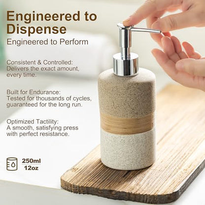 Ceramic Dish Soap Dispenser Set with Silicone Funnel, Hand Soap, Shampoo, Body Wash, Lotion Dispenser for Kitchen and Bathroom, Stainless Steel Pump, Non Slip, 12 Oz - color: Beige and White, size: 1xSoap Dispenser