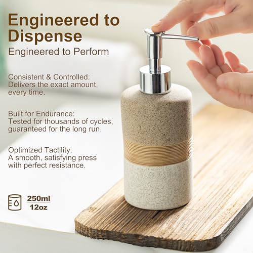 Ceramic Kitchen Dish Soap Dispenser Set with Stainless Steel Pump | Refillable Hand Soap, Shampoo and Conditioner, Body Wash, Lotion Dispenser | for Kitchen and Bathroom Counter Non Slip, 12 Oz - color: Beige and White, size: 1xSoap Dispenser