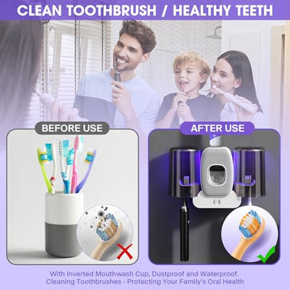 LXIANGN 3 in 1 Toothbrush Cleaner Holders,Rechargeable Wall Mounted Toothbrush Holder Toothpaste Dispenser Automatic 2 Cups Tooth Brush Holder for Bathroom, No Drilling, 4 Slots, Grey - color: Grey