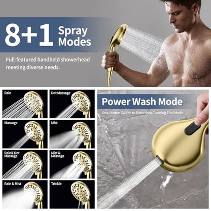 High Pressure Dual Shower Head with Handheld Spray Combo | 9 Spray Modes Handheld Showerhead, Double Rainfall Structure, Waterfall Shower Equipped with 79-Inch Hose, Brushed Gold - color: Brushed Gold
