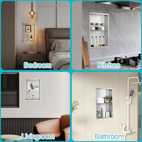 14x20 Inch Brushed Nickel Shower Niche, No Tile Needed Stainless Steel Recessed Bathroom Wall Niche with Double Shelves for Shower Storage - size: 14x20" - Brushed Nickel