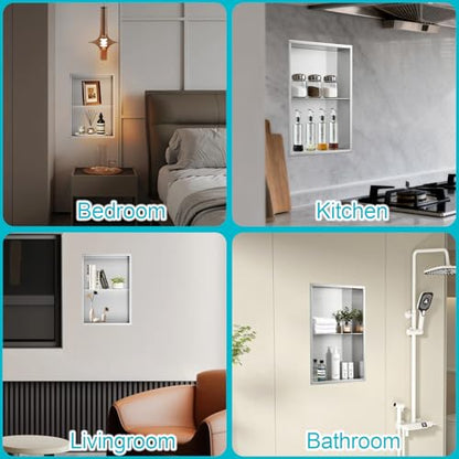 14x20 Inch Brushed Nickel Shower Niche, No Tile Needed Stainless Steel Recessed Bathroom Wall Niche with Double Shelves for Shower Storage - size: 14x20" - Brushed Nickel