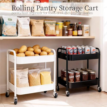 Under Desk Storage Cart 2 Tier Utility Rolling Cart with Wheels, Small Metal Mobile Trolley with Handle Two Tiered Utility Organizer Roller for Kitchen Office Bathroom Pantry Room, White - color: White