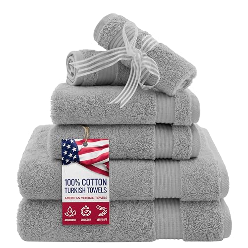 American Veteran Towel, 6 Piece Towel Set for Bathroom, 100% Cotton Turkish Bathroom Towels, 2 Bath Towels 2 Hand Towels 2 Washcloths, Cool Grey - color: Light Grey, size: X Large 6 PC