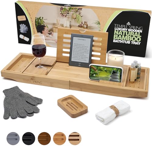 Bamboo Bathtub Tray Caddy for Tub — Expandable Wood Bath Tray with Solid Book Stand Wine Holder and Non-Slip Pads — Includes Bamboo Soap Dish and Spa Accessories — Luxury Bath Gift Set - color: Natural